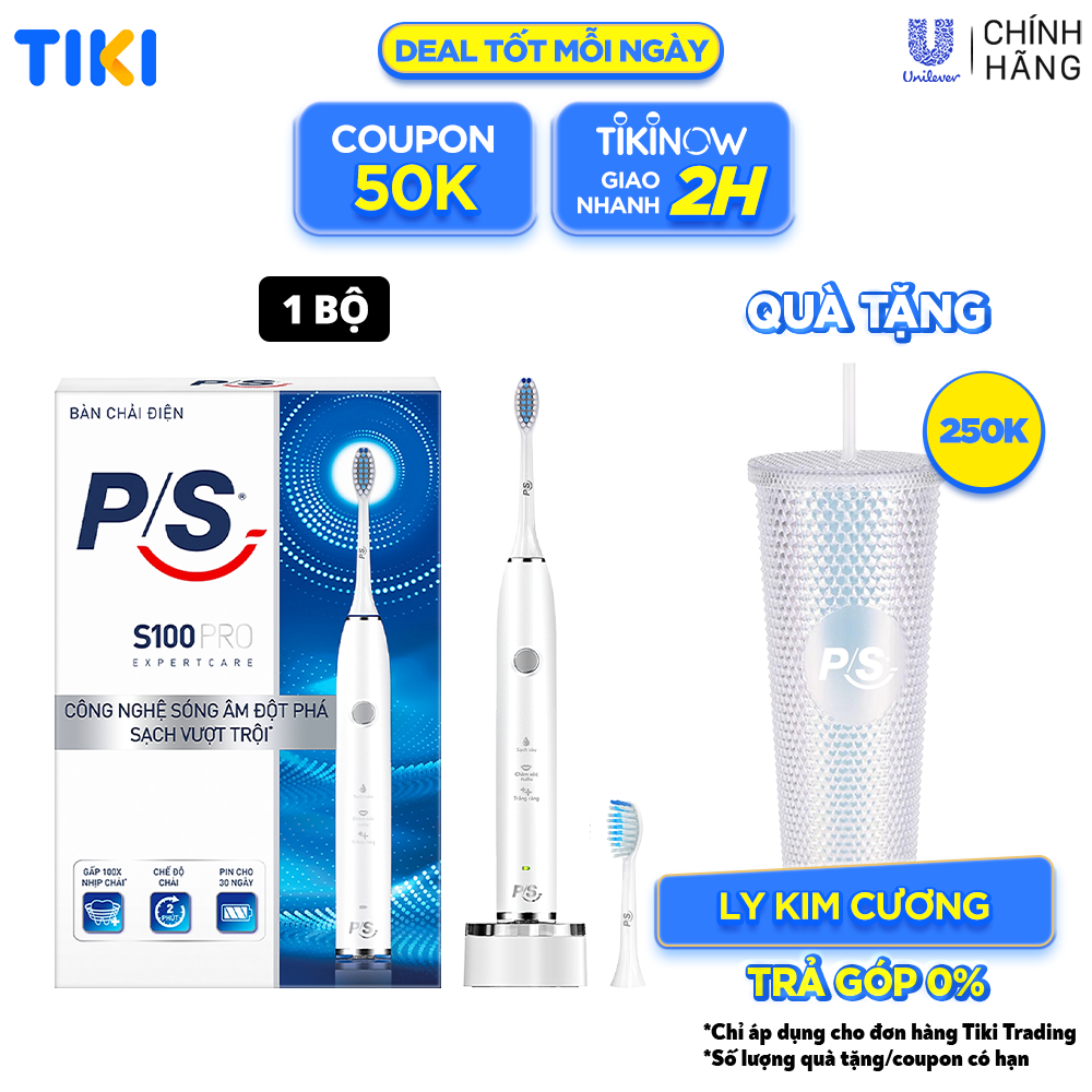 Bàn Chải Điện P/S S100 PRO - Công Nghệ Sóng Âm, Chải Sạch Mảng Bám Tới 10X - Trắng Sáng