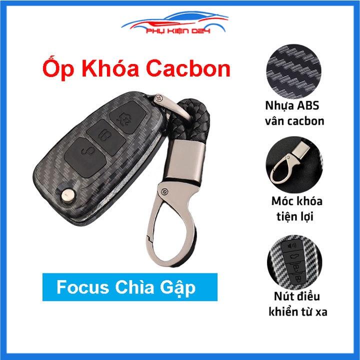 Ốp vỏ bọc chìa khóa xe Focus bản chìa gập sợi nhựa cacbon kèm móc treo Inox