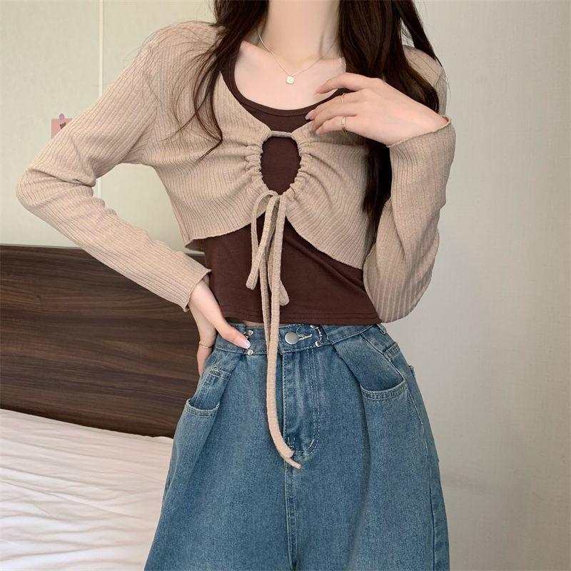Set áo croptop dài tay kèm áo yếm crt phong cách ulzzang