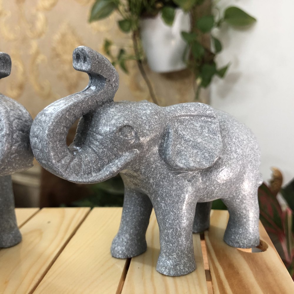 Cặp 2 tượng con voi đá trang trí phong thủy bàn làm việc mang may mắn cát tường cho gia chủ- Cao 9cm- Màu xám