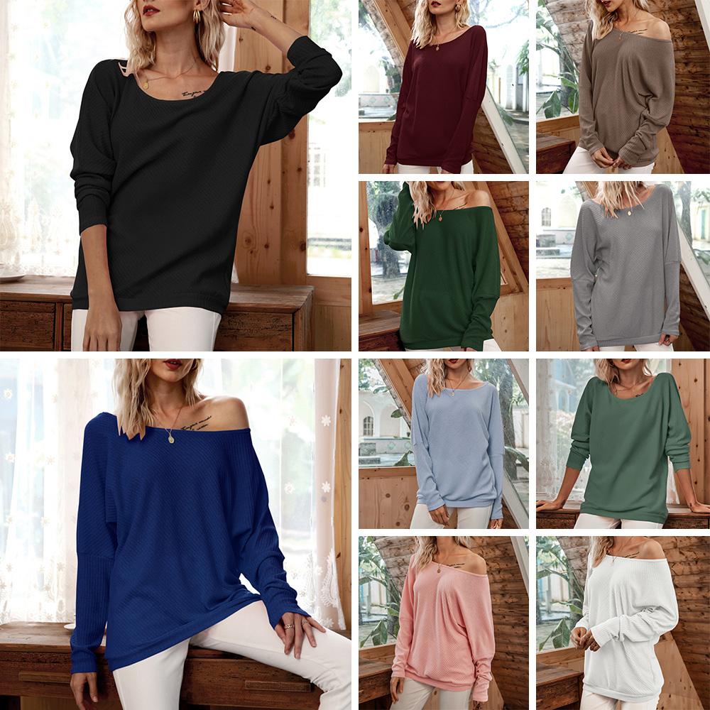 Women T-Shirt Off-shoulder O-neck Batwing Long Sleeve Ribbed Loose Solid Streetwear Female Pullover Tops Casual Autumn