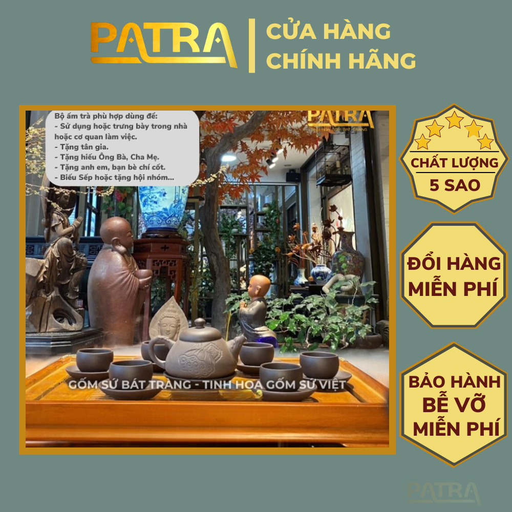 Bộ ấm chén uống trà cao cấp , bộ ấm trà Bát Tràng - trường sa thạch biều khắc liên đài