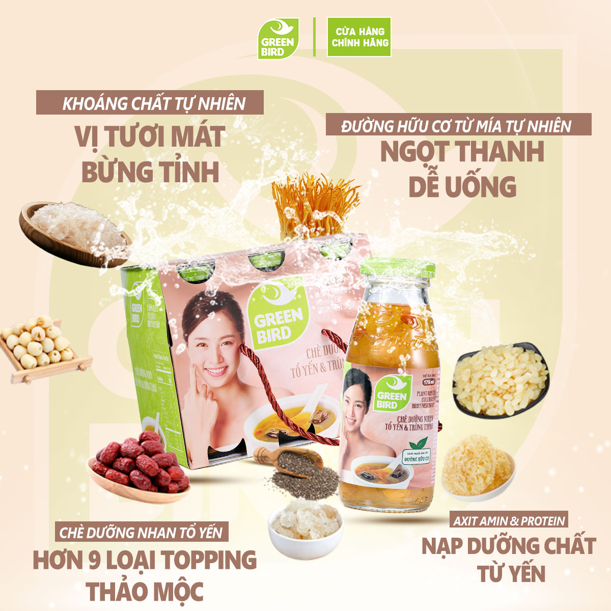 Nước Yến Dưỡng Nhan Tổ Yến Và Trùng Thảo Green Bird Giải Khát Thanh Nhẹ Chai 185ml