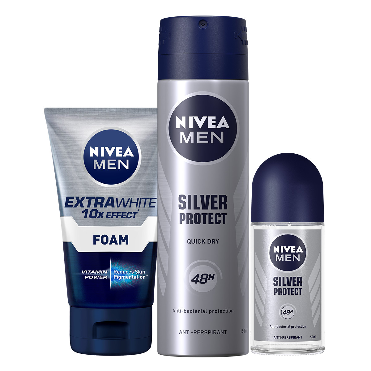 Bộ 3 sản phẩm Xịt và Lăn Ngăn Mùi NIVEA MEN Silver Protect Phân Tử Bạc Giảm 99.9% Vi Khuẩn Gây Mùi (150ml - 82959 &amp; 50ml - 83778) &amp; Sữa Rửa Mặt NIVEA MEN Làm Sáng Da (100G) - 88836