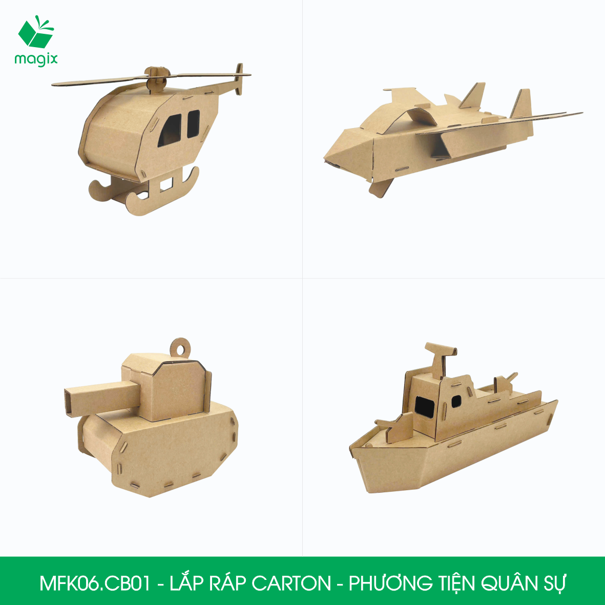 MFK06.CB01 - Combo 4 đồ chơi lắp ghép mô hình 3D giấy carton - xe tăng, tàu chiến, máy bay, trực thăng