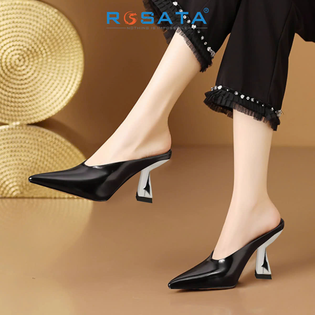 Dép sục cao gót nữ da bóng, gót bạc ROSATA RO672 -7F- Đen - HÀNG VIỆT NAM-BKSTORE