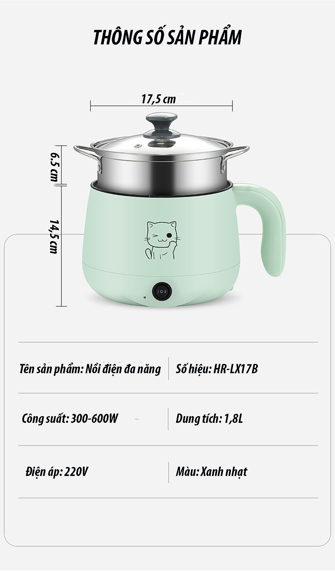 Nồi điện đa năng 1,8L nấu mỳ, lẩu, chiên, xào,...  tặng ổ cắm 3 chấu (HR-LX17B)