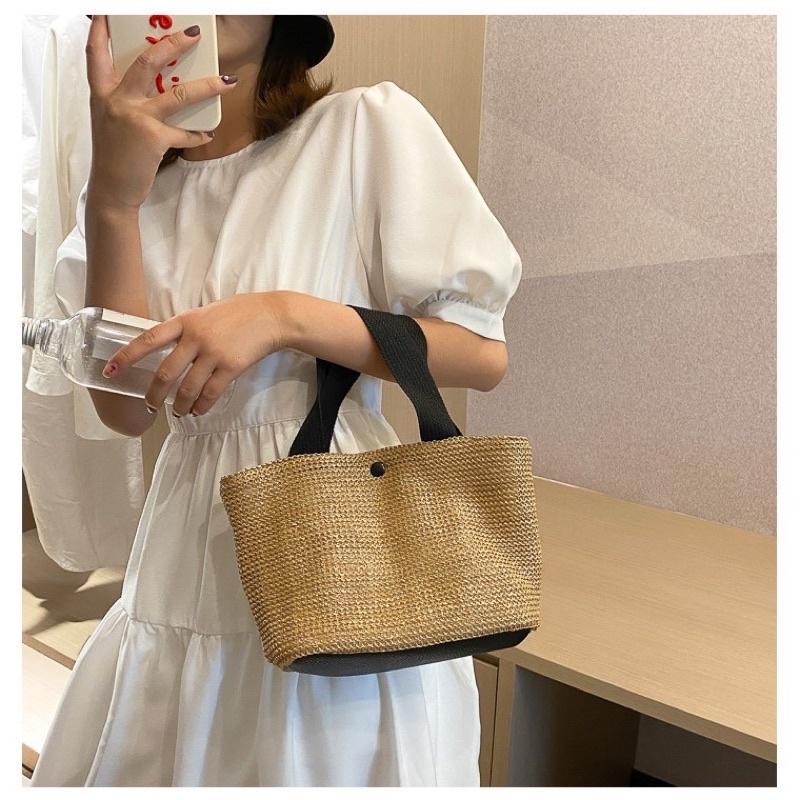 Túi xách cói du lịch style Vintage Hàn Quốc - Túi cói đi biển quai vải - Giỏ xách đi biển đi cafe chụp ảnh ngoài trời
