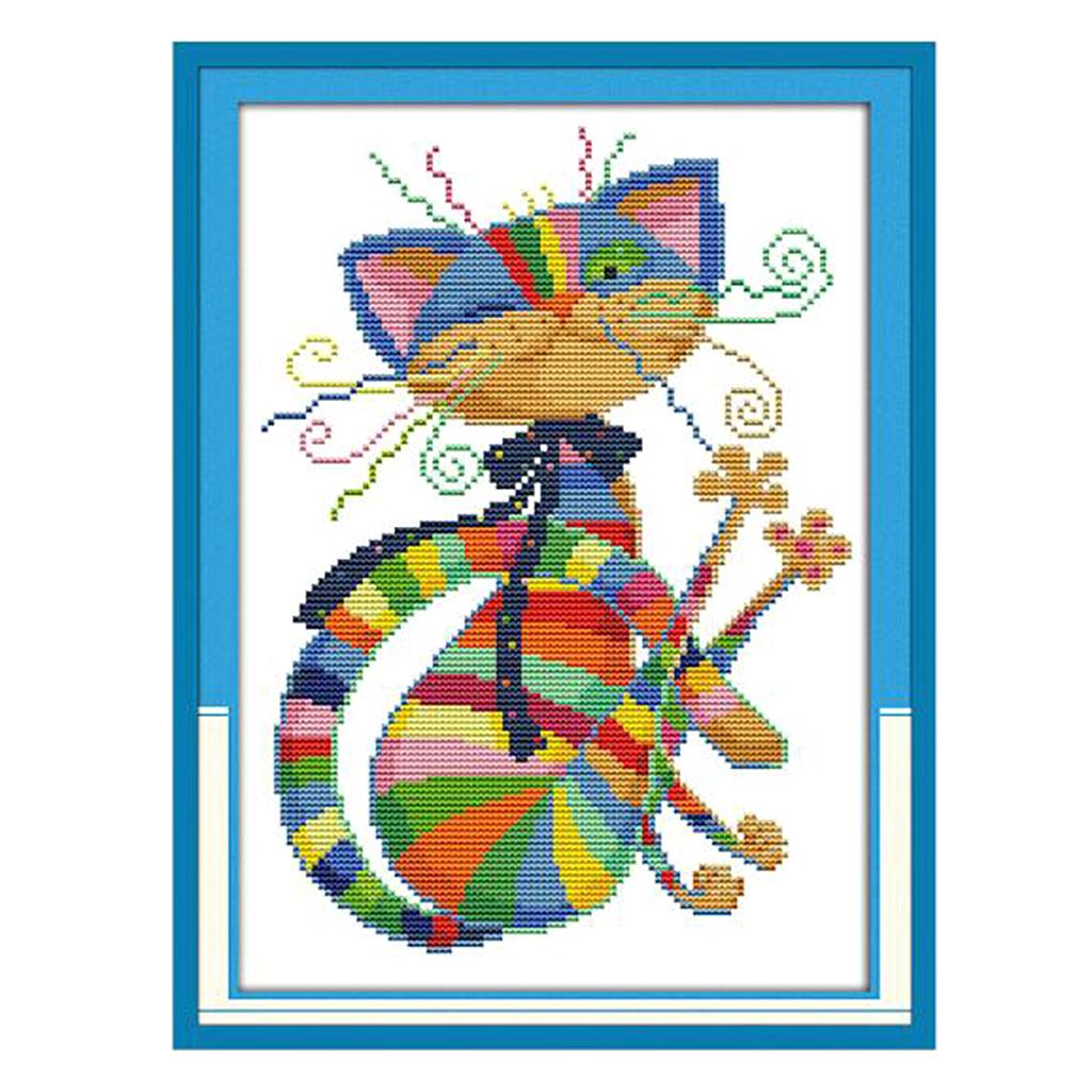 Colorful Cat Pattern Stamped Cross Stitch Kit Chart DIY Needlecaft for Beginners Adults Kids
