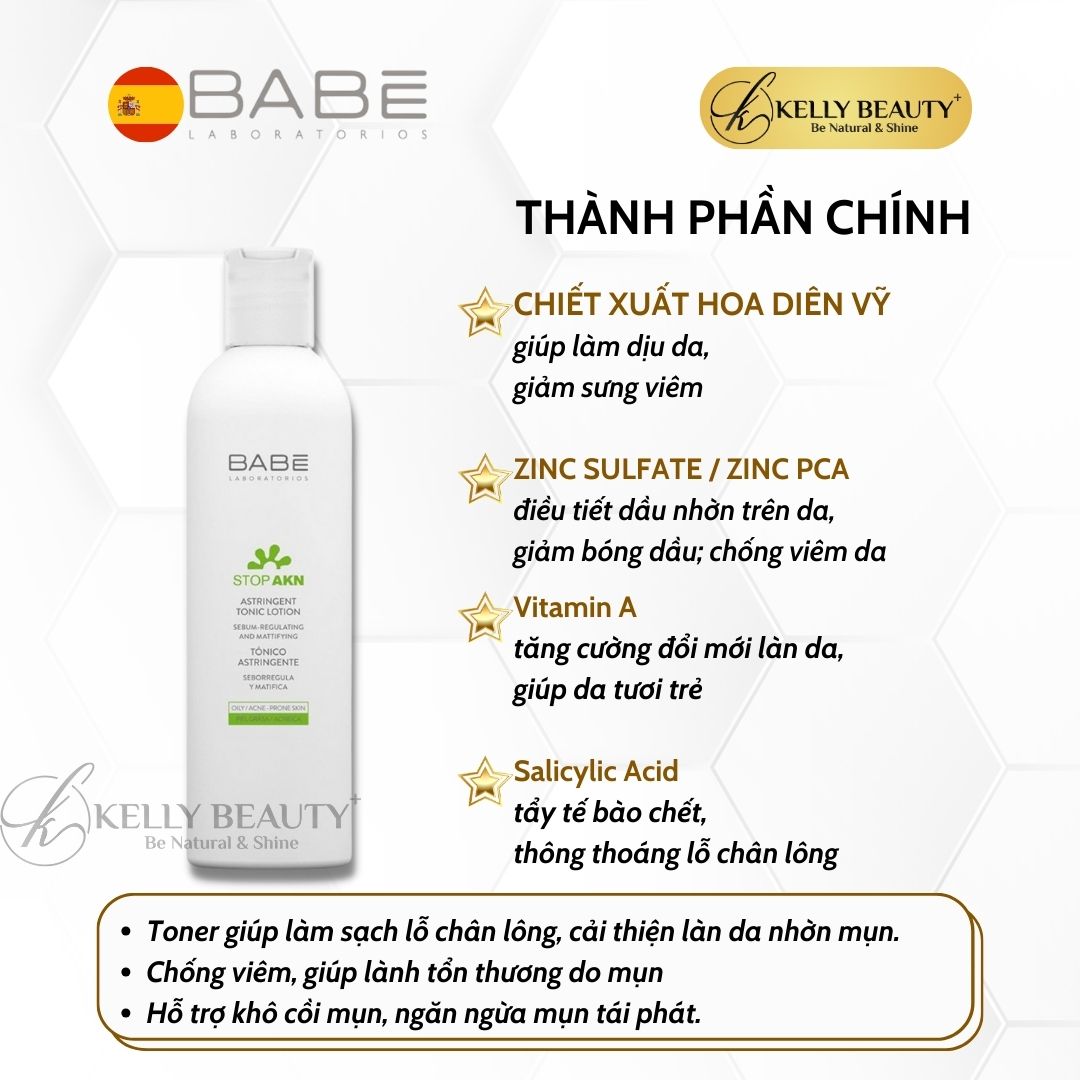 Toner Cho Da Dầu Mụn BABE STOP AKN Astringent Tonic Lotion - Làm Sạch Sâu; Gom Cồi, Ngừa Tái Phát Mụn - Kelly Beauty