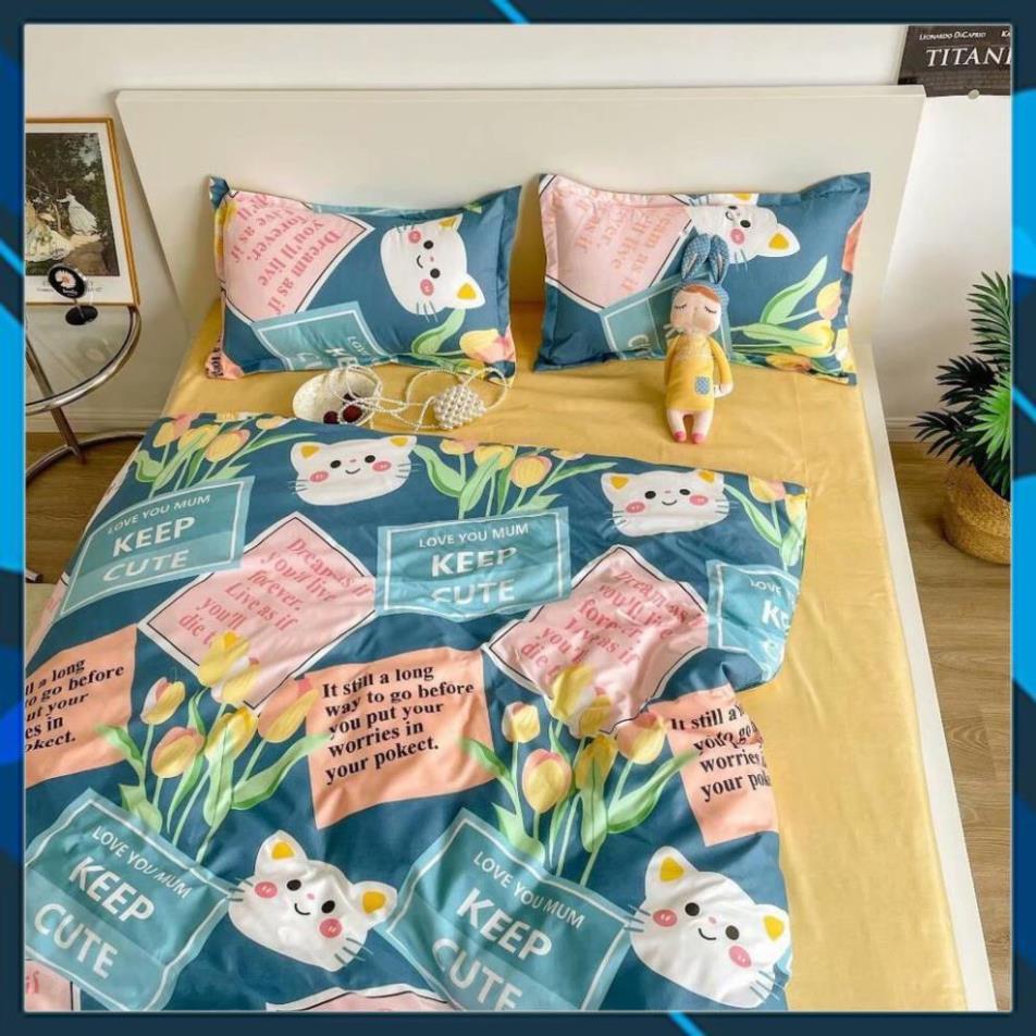 Hàng Auth- Bộ chăn ga gối Cotton Poly Mèo hoa, vỏ chăn mền, drap giường và 2 vỏ gối