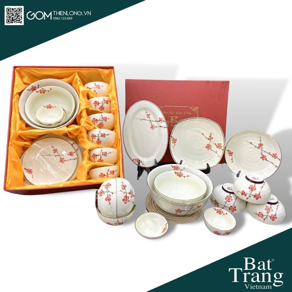 Bát Đĩa Quà Tặng Cao Cấp Vẽ Đào Đỏ - Bộ Bát Đĩa Bát Tràng - Gốm Thiên Long