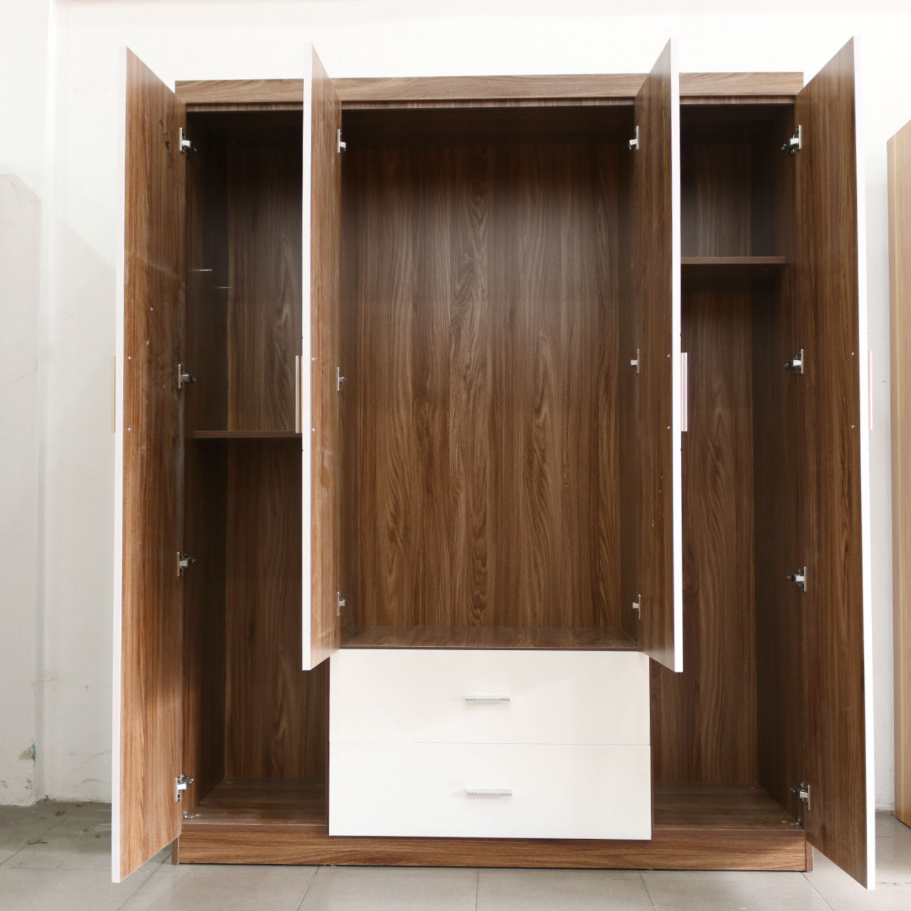 Tủ Áo 4 Cánh Gỗ MDF Melamine Màu Óc Chó Sơn Trắng Cao Cấp VIVA