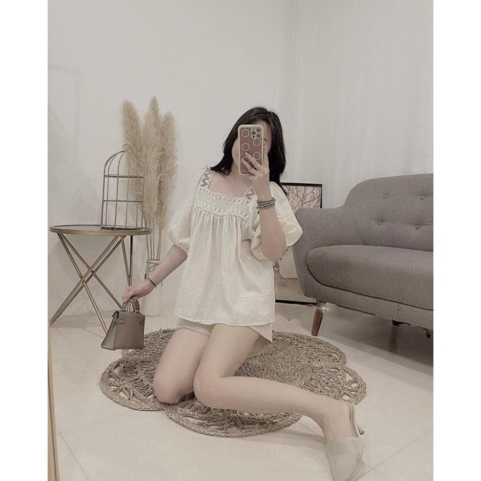 Set Đũi Ren Be Cổ Vuông Bộ Nữ Viền Ren Xinh Xắn cực xinh