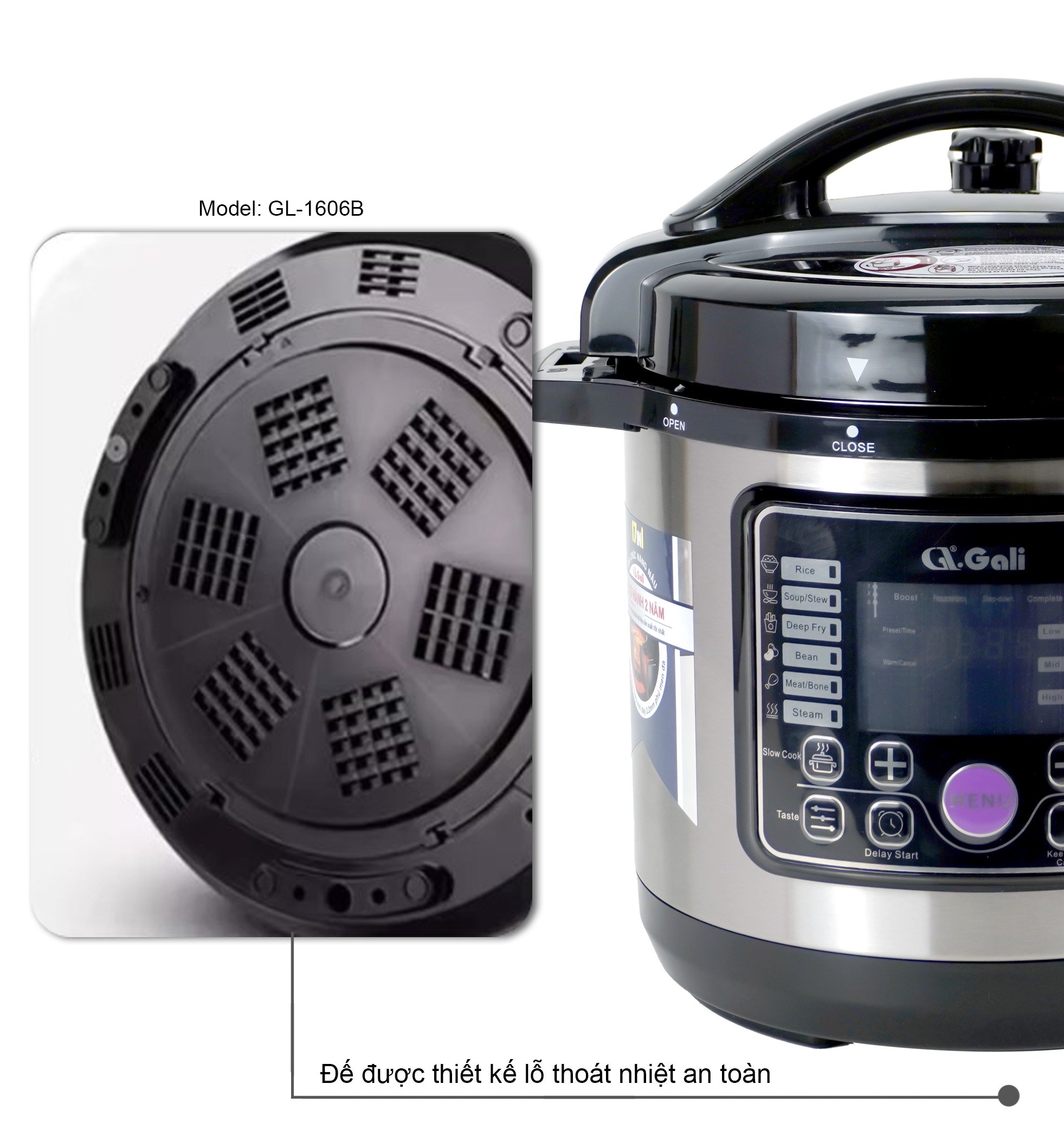 Nồi Áp Suất Điện Gali GL-1606B. Dung tích 6L, nồi đa năng 12 chức năng nấu. Thiết kế hiện đại, nhỏ gọn. Hàng chính hãng bảo hành 24 tháng.