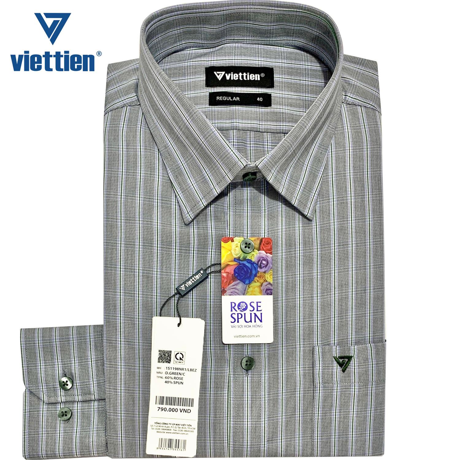 Viettien - Áo sơ mi nam dài tay ca rô cao cấp 1S1198 Regular Xám Vải sợi hoa hồng - Kẻ sọc