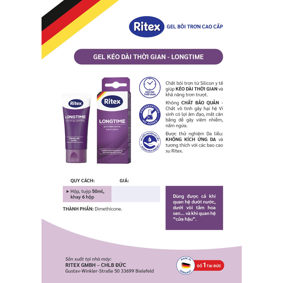 Gel bôi trơn gốc silicone Ritex Longtime kéo dài thời gian nhập khẩu Đức 50ml/tuýp