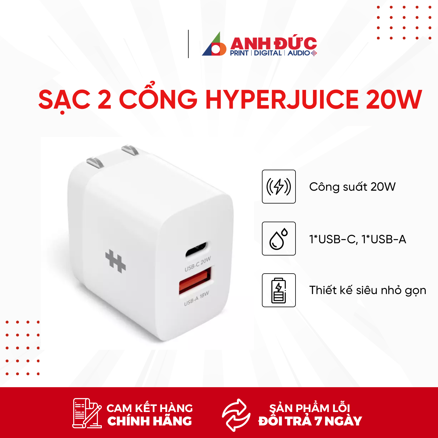 SẠC 2 CỔNG HYPERJUICE 20W CHARGER SMALL SIZE -  HÀNG CHÍNH HÃNG