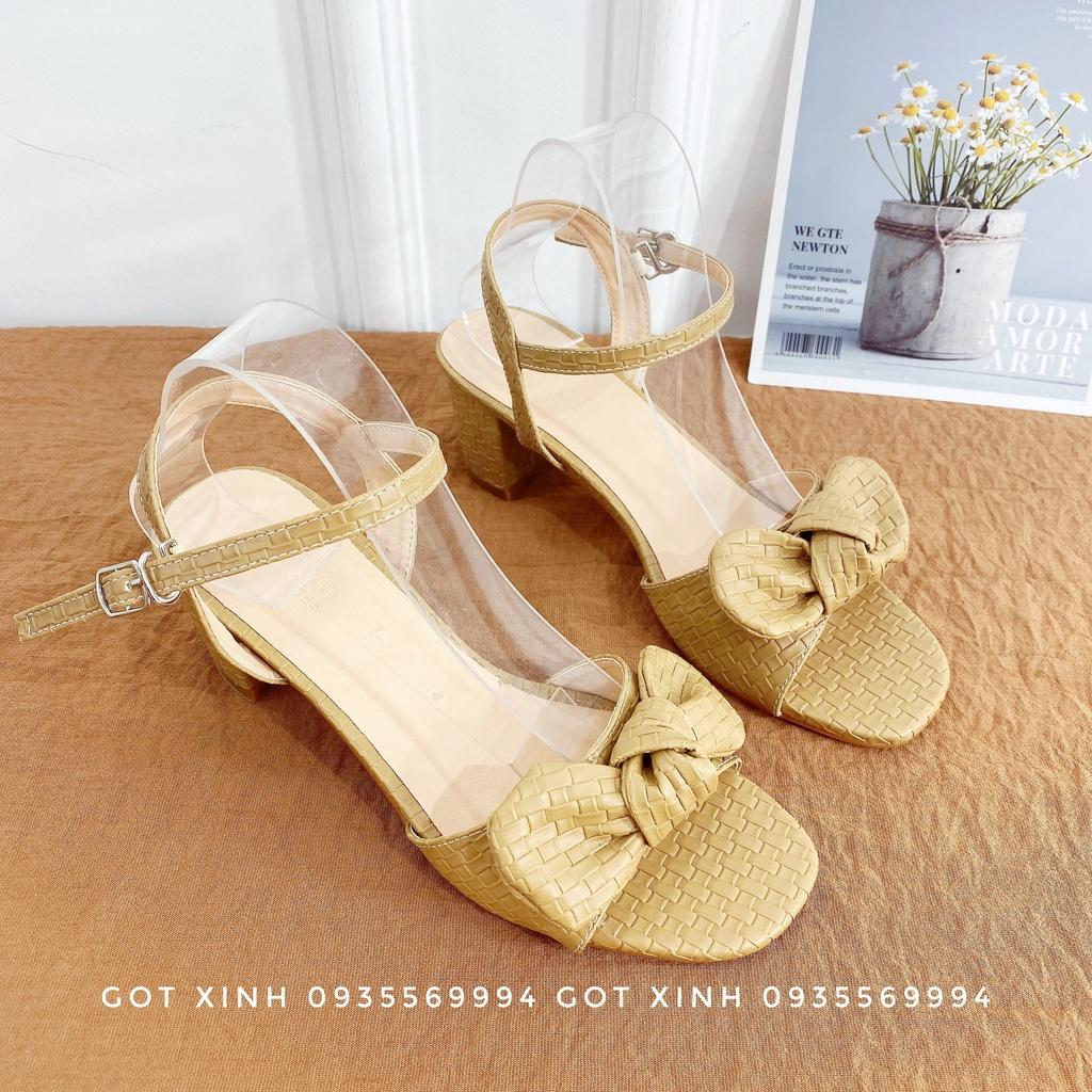 Giày sandal cao gót nữ 7cm GÓT XINH GD17 quai phối nơ đế trụ vuông