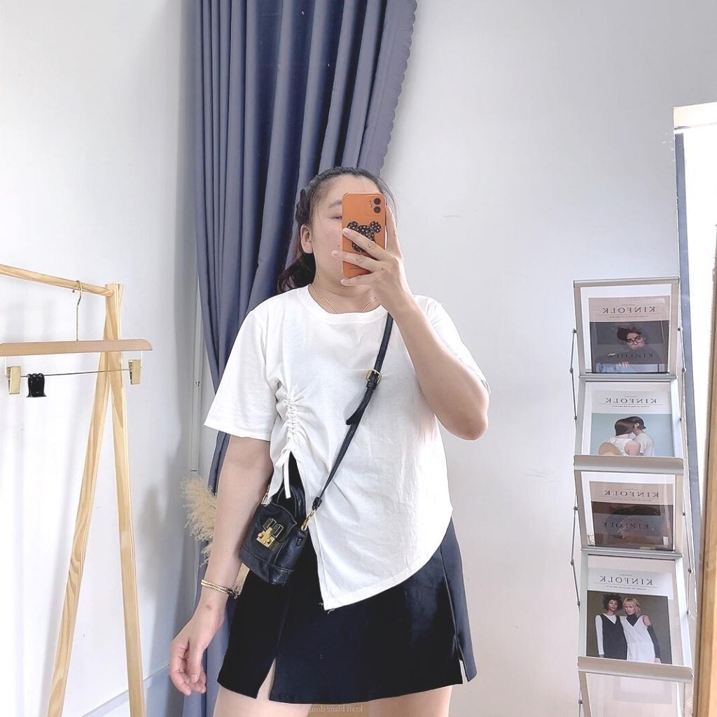 Áo thun tay ngắn croptop bigsize nữ form rộng xẻ kiểu một bên rút dây chất liệu cotton 58kg-95kg A29 - MÀU TRẮNG