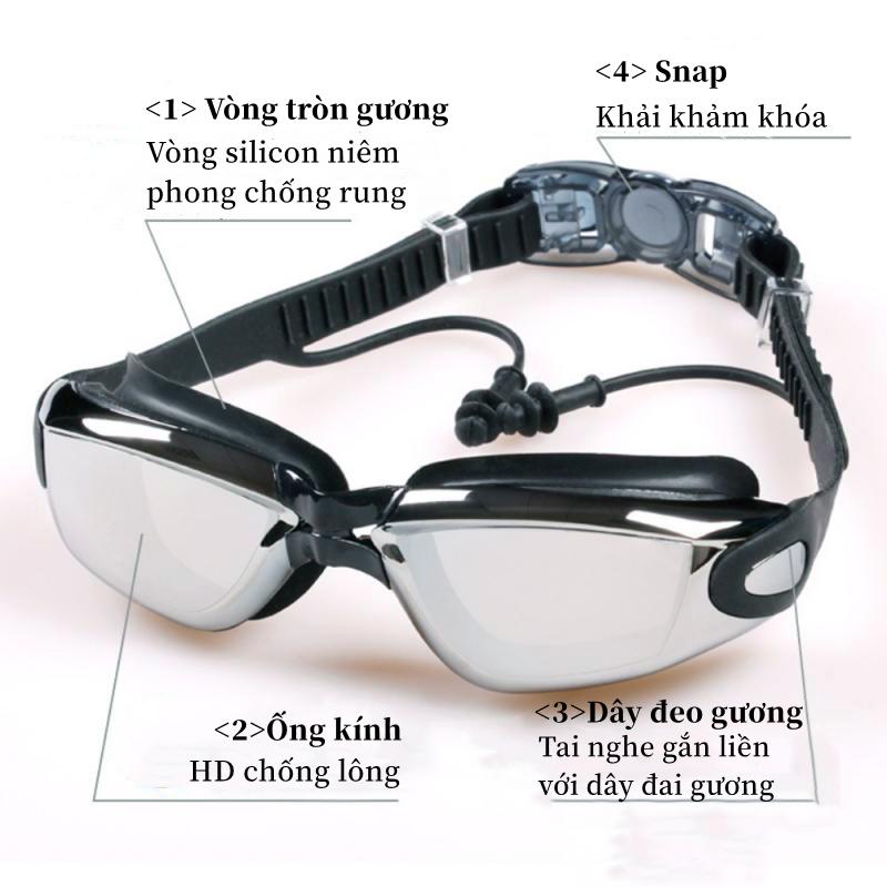 ̣̣̣̣Kính bơi người lớn,kính bơi tráng gương cao cấp mắt kiếng bơi chống tia UV, chống sương mù có bịt tai