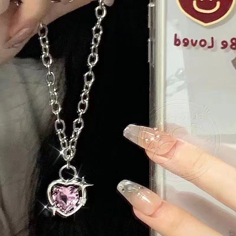 Dây Chuyền Mặt Trái Tim Đính Đá Zircon Hồng Thời Trang Hàn Quốc Cho Nữ Cá Tính