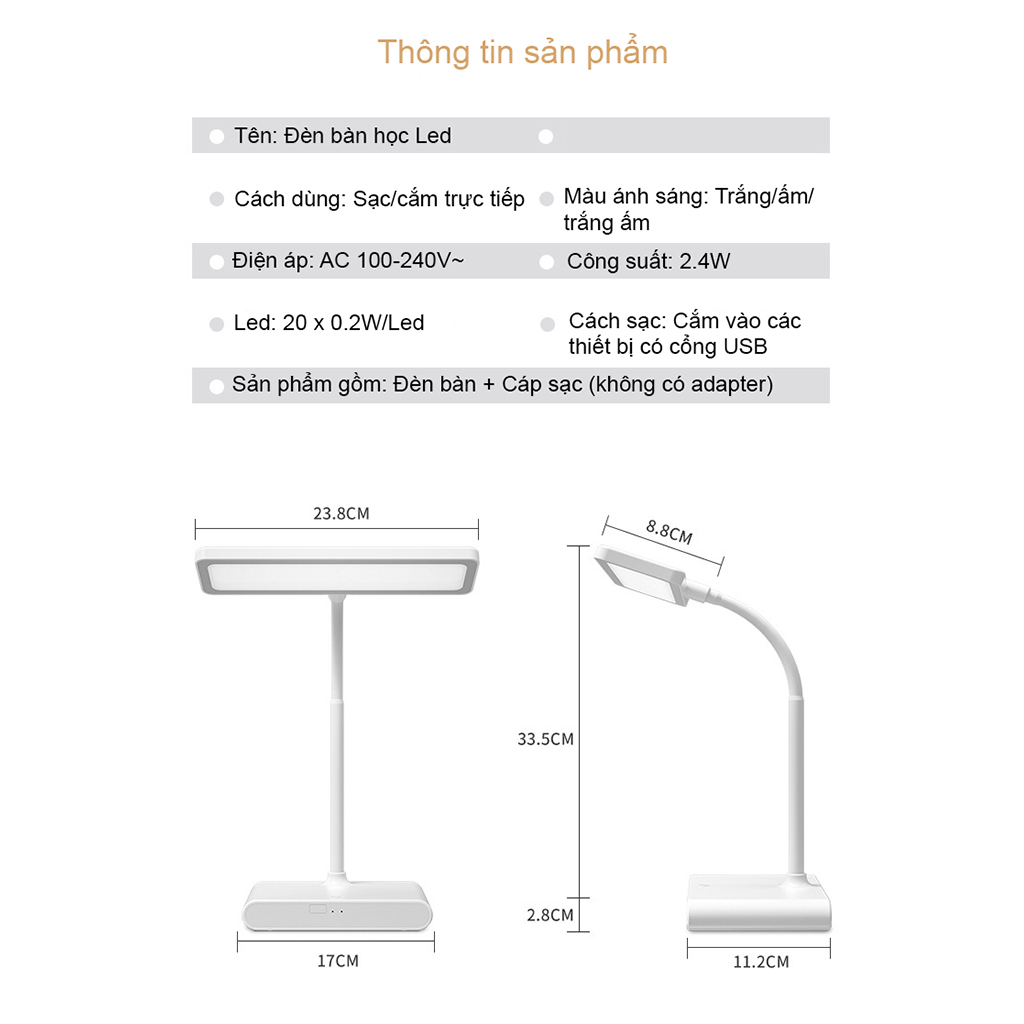 Đèn Học Led Chống Cận Bảo Vệ Mắt, Cổng Sạc USB, Ba Chế Độ Màu, Công Tắc Cảm Biến, Cổ Silicon Uốn Dẻo