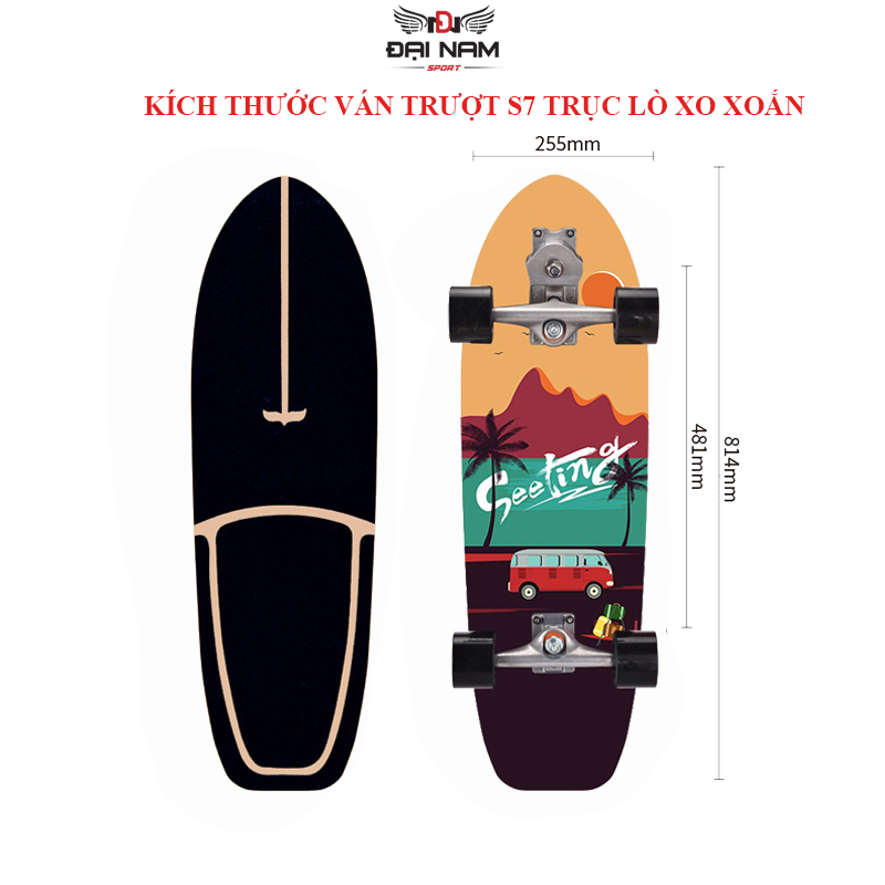 Ván Trượt Thi Đấu Mặt Nhám S7 Trục Lò Xo Xoắn Kép, Xoay 110 Độ, Bánh Xe Cao Su Phát Sáng Chịu Lực 120kg Chính Hãng Đại Nam Sport
