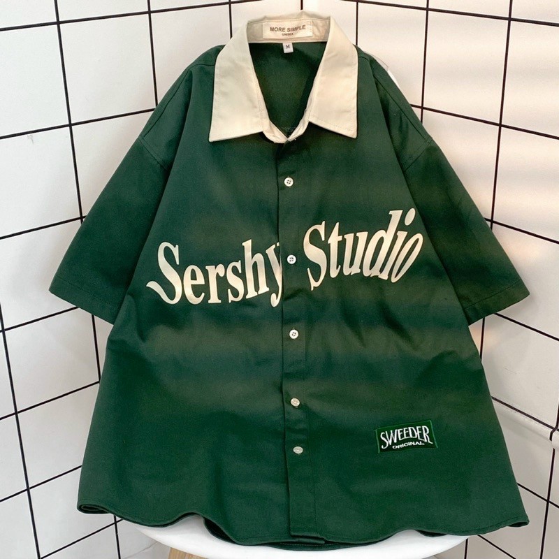 Áo sơmi tay lỡ unisex SERSHY màu XANH LÁ/KEM Nam nữ unisex, Áo Sơ Mi form rộng style Ulzzang, Áo Sơ Mi Tay Lỡ SERSHY STUDIO Form Rộng Nam Nữ Style Cá Tính Phong Cách Ulzzang Unisex