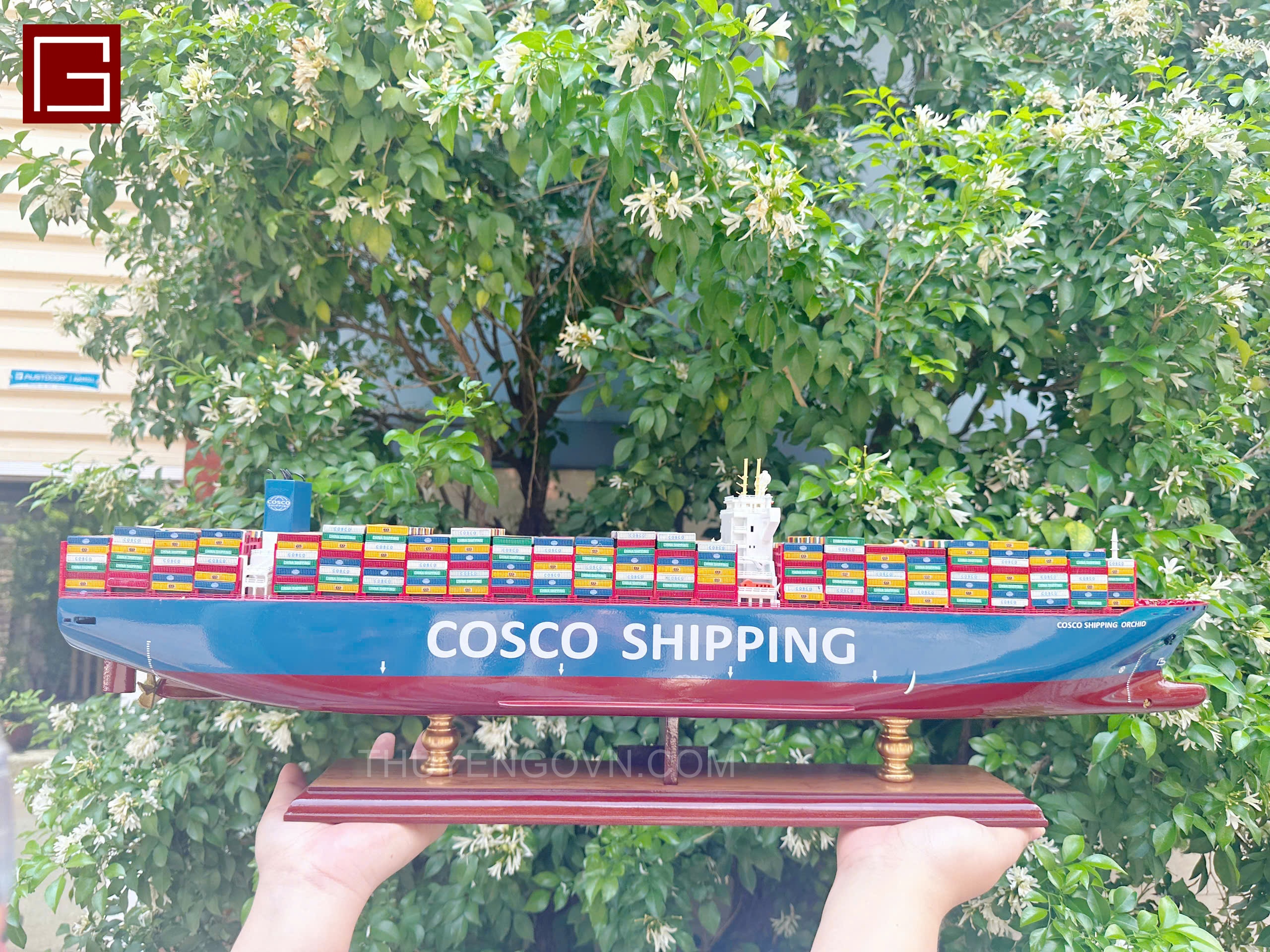 Mô Hình Thuyền Gỗ Phong Thủy Gia Nhiên, Thuyền Container Gỗ COSCO, Dài 100cm, Cao Cấp Loại 1