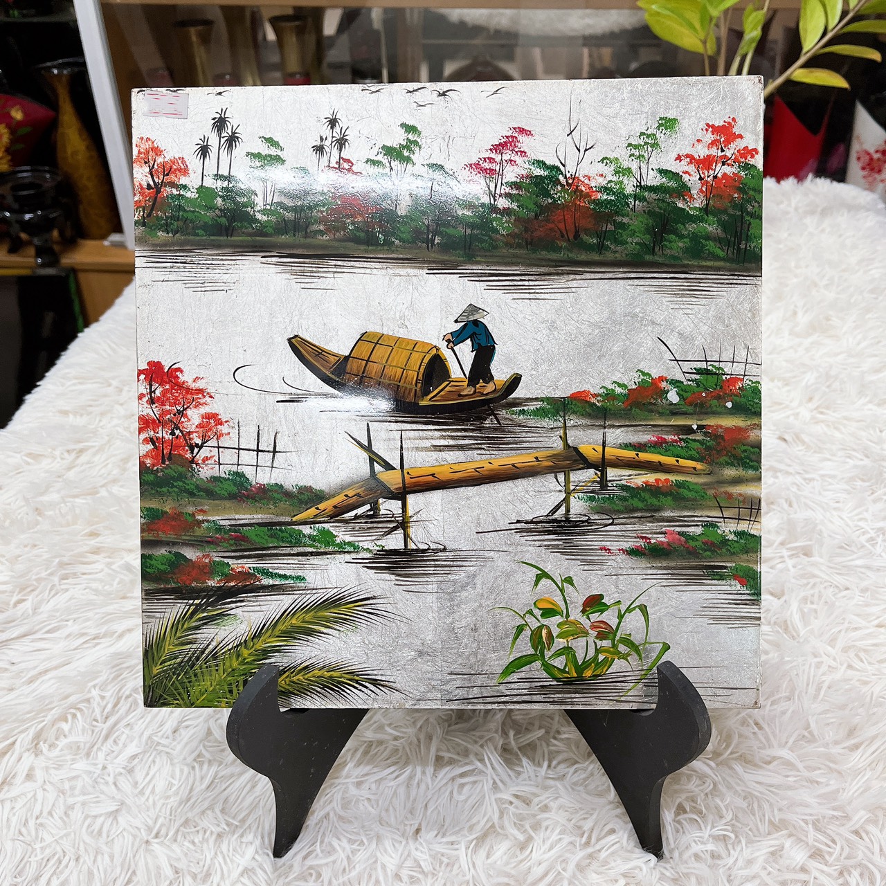 Tranh sơn mài đồng quê vẽ vàng, hàng xuất khẩu 30x30 cm