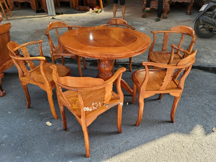 Bộ bàn ghế trang trí tiếp khách  , Bàn Trà Gõ Đỏ 6 Ghế Kết Hợp Bàn Ăn Kiểu Trụ Đặc 17cm