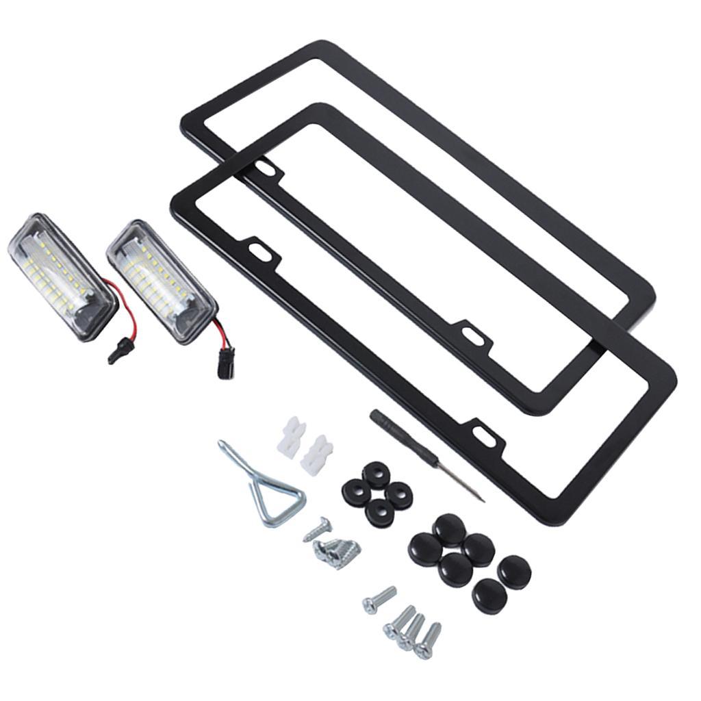 2 Pieces LED License Plate Lights+Stainless Steel Black Car License Plate Frames Set For Toyota