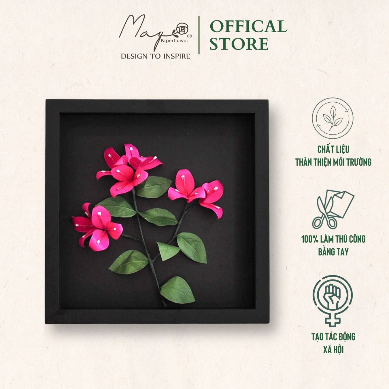 Tranh Hoa Giấy Handmade Trang Trí - Hoa Giấy MAYPAPERFLOWER Khung Gỗ Size 25x25cm