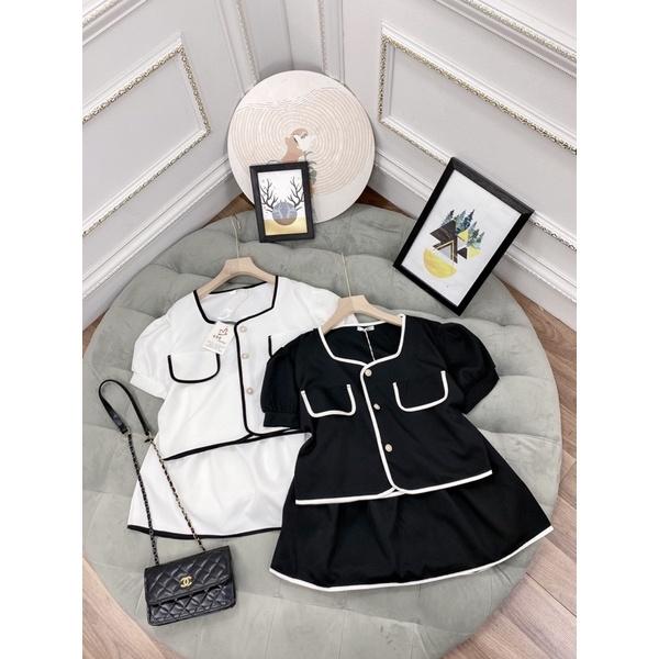 Set áo croptop tay phồng mix váy ngắn