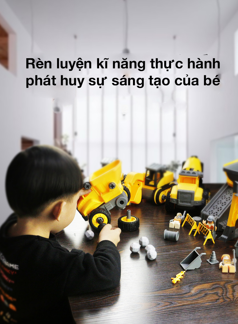 Bộ đồ chơi lắp ghép xe ủi KAVY kèm cần trục nâng hàng, công nhân và nhiều chi tiết, nhựa an toàn, đẹp