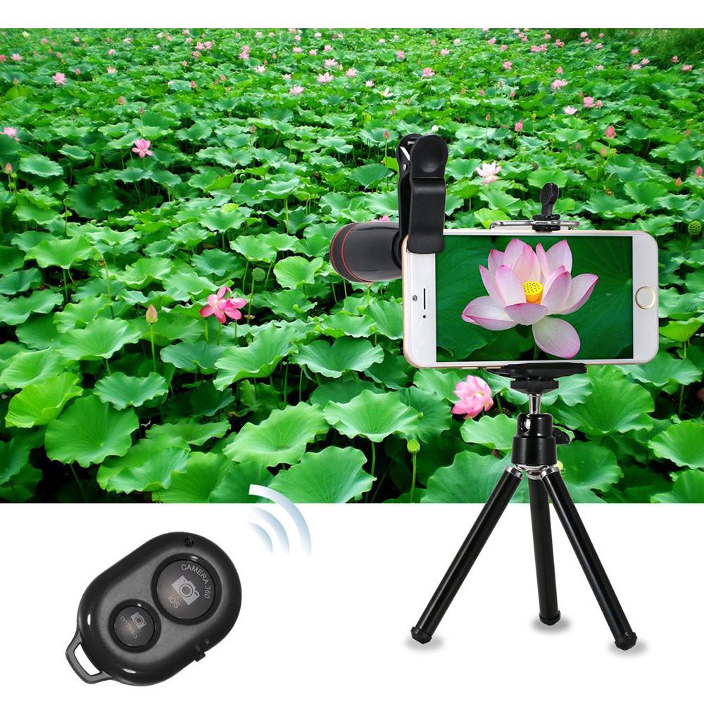 Bộ dụng cụ ống kính điện thoại di động đa năng 10PCS 12X Góc rộng + Mắt cá + Ống kính macro + Gậy chụp ảnh tự sướng + Chân máy cho iOS