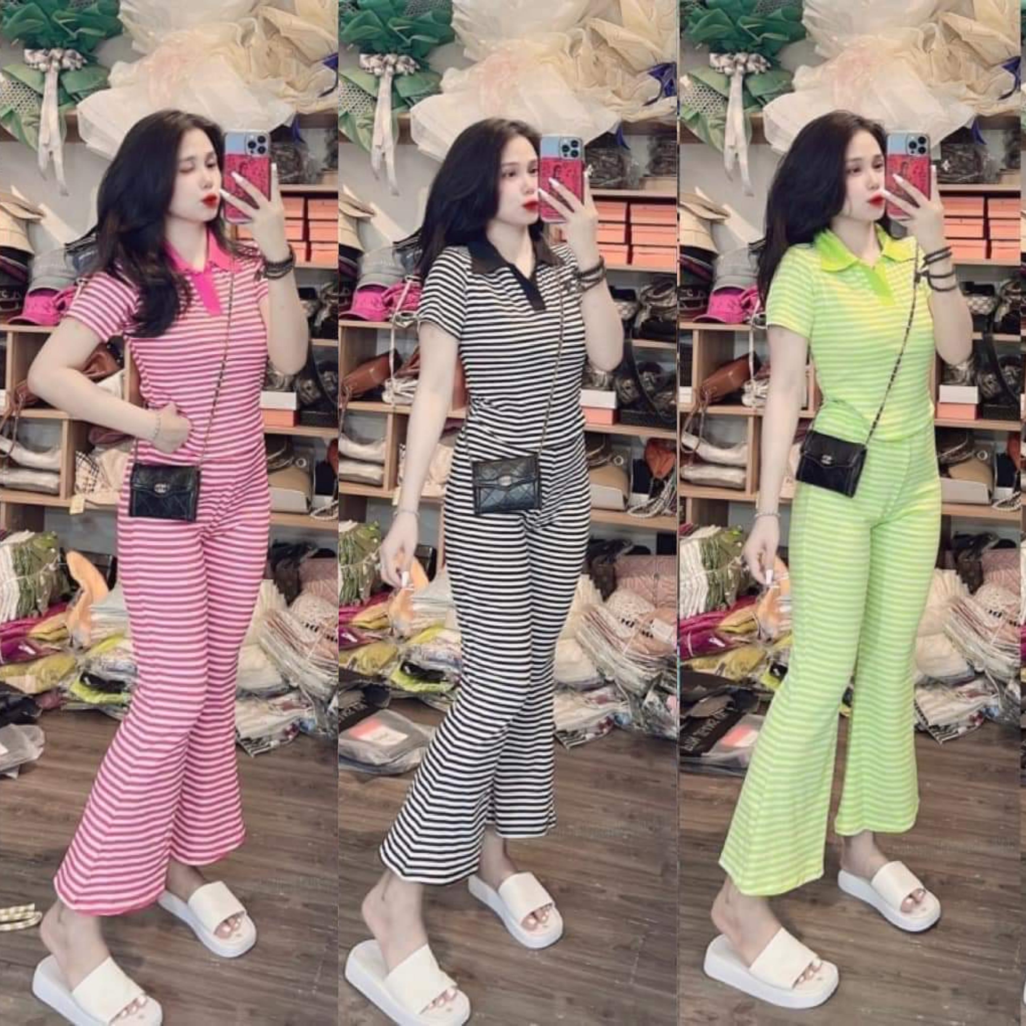 Sét Bộ Thun Sọc Áo Có Cổ Quần Dài Ồn Loe Cao Cấp Rẻ Đẹp