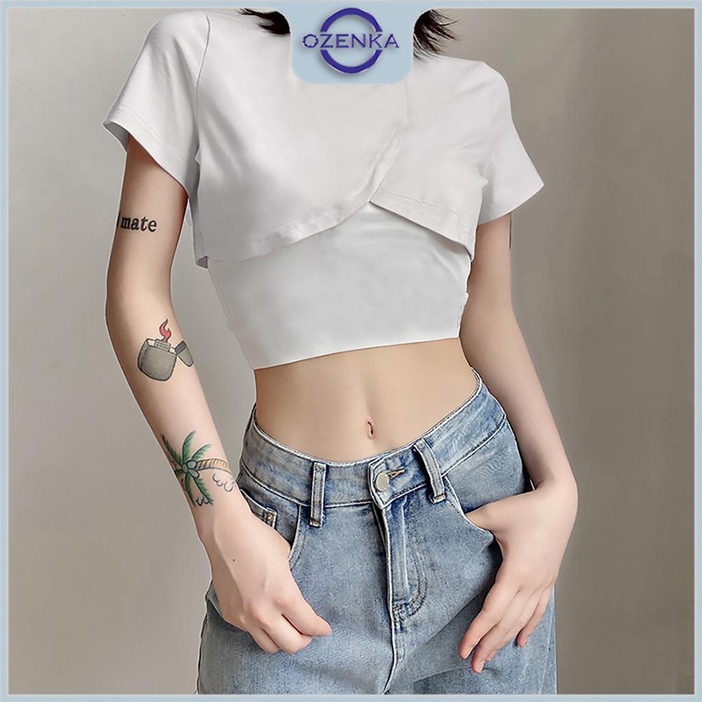 Áo croptop ngắn kiểu đắp chéo cộc tay nữ OZENKA , áo crt gợi cảm ulzzang cotton màu đen trắng dưới 55 cân