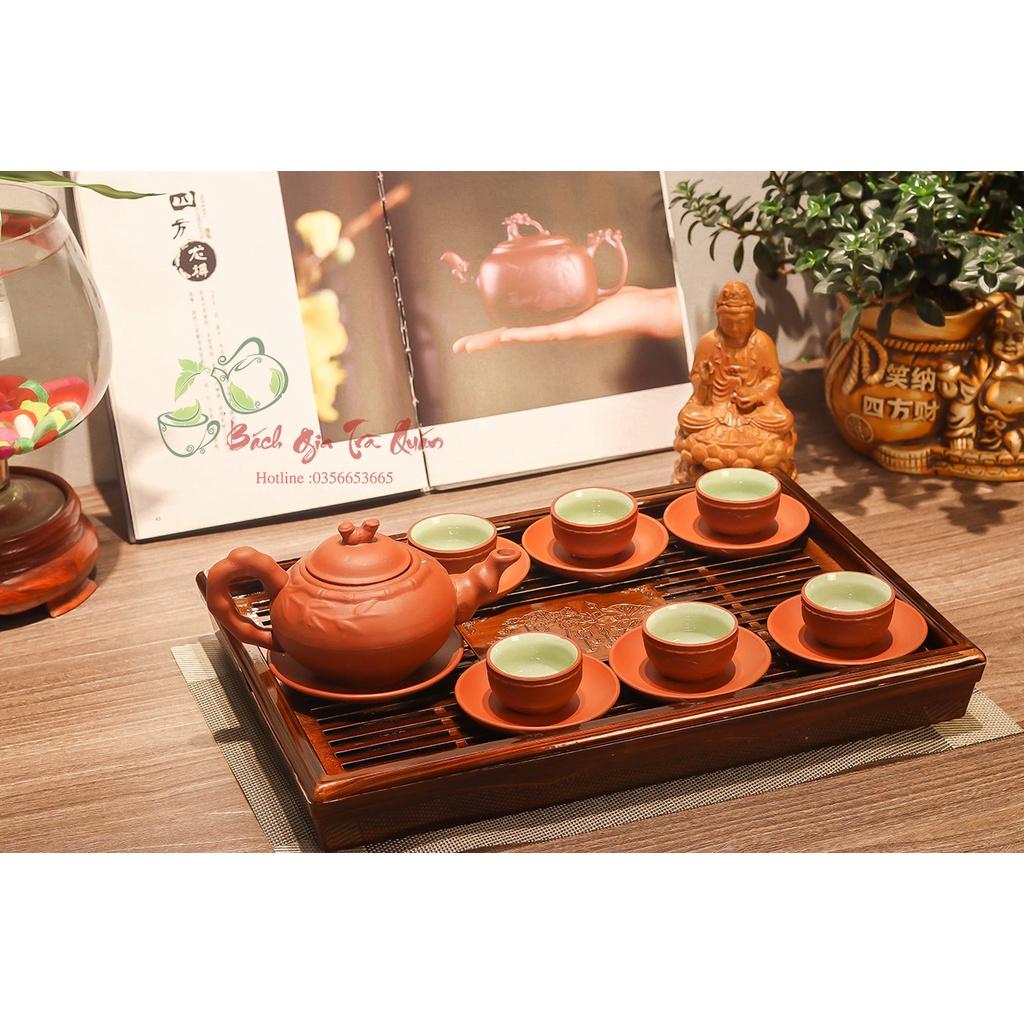 Bộ Ấm Chén Gốm Tử Sa Bát Tràng - Họa Tiết Trúc Đắp Nổi ACBT05