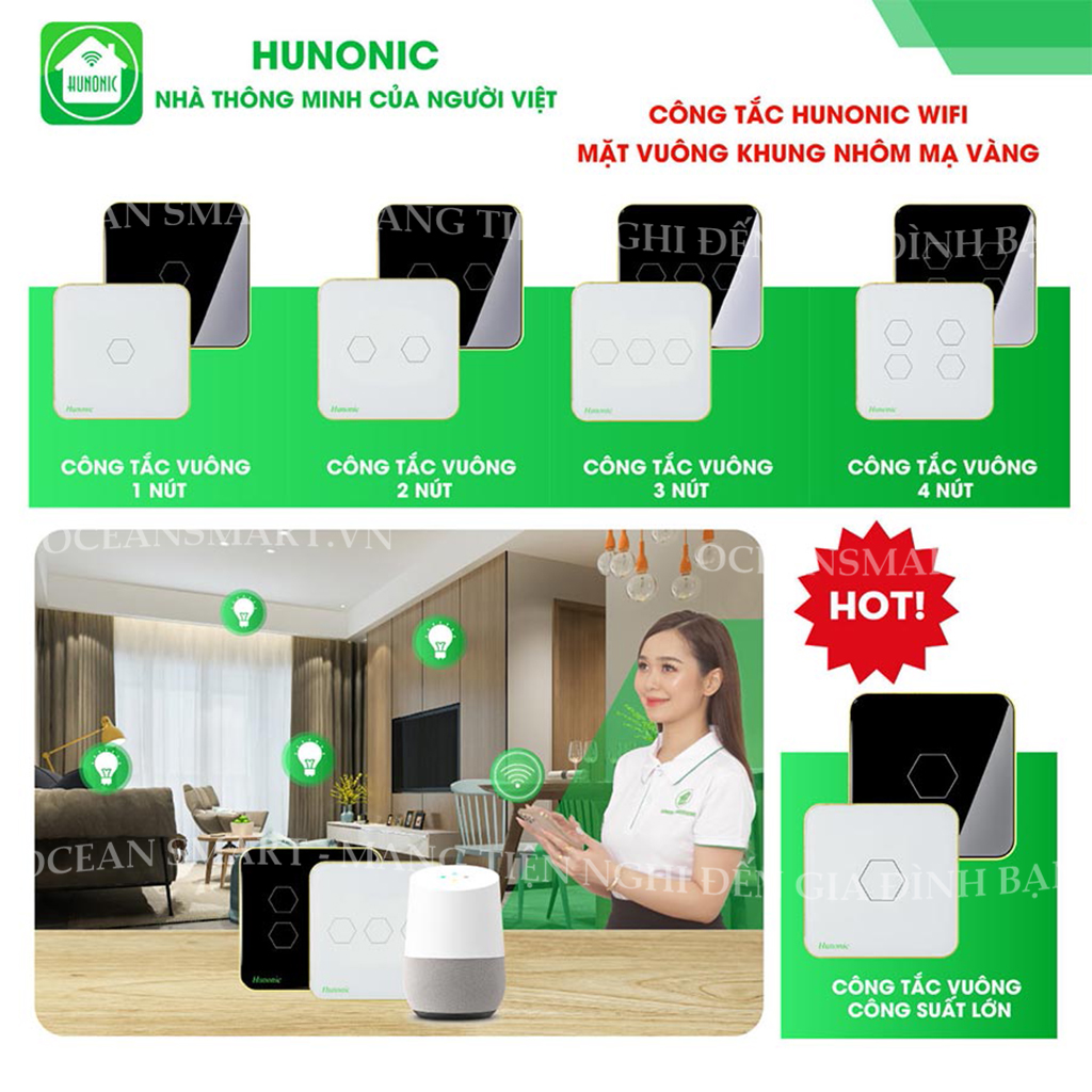 Công Tắc Thông Minh Wifi Hunonic, Công Tắc Điều Khiển Từ Xa Qua Điện Thoại Hình Vuông - HNSV