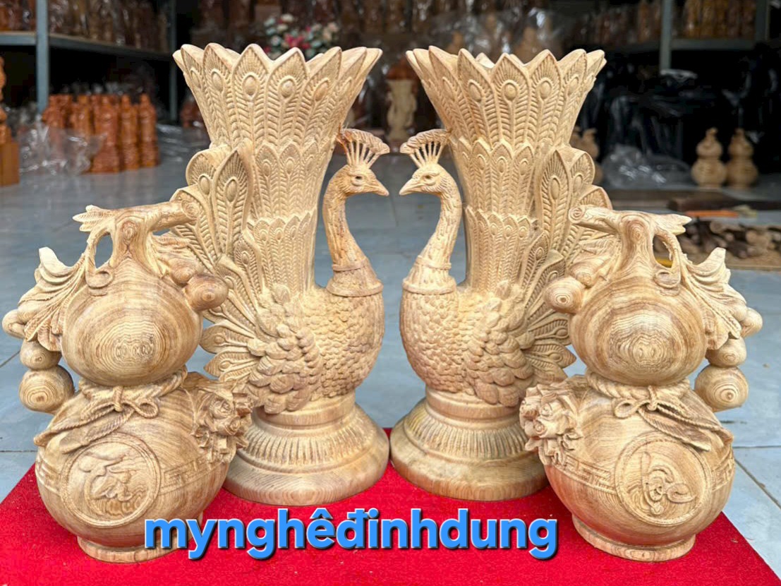 Combo cặp chim công cắm hoa cao 30 cặp hồ lô cao 20cm bằng gỗ ngọc Am thơm nức