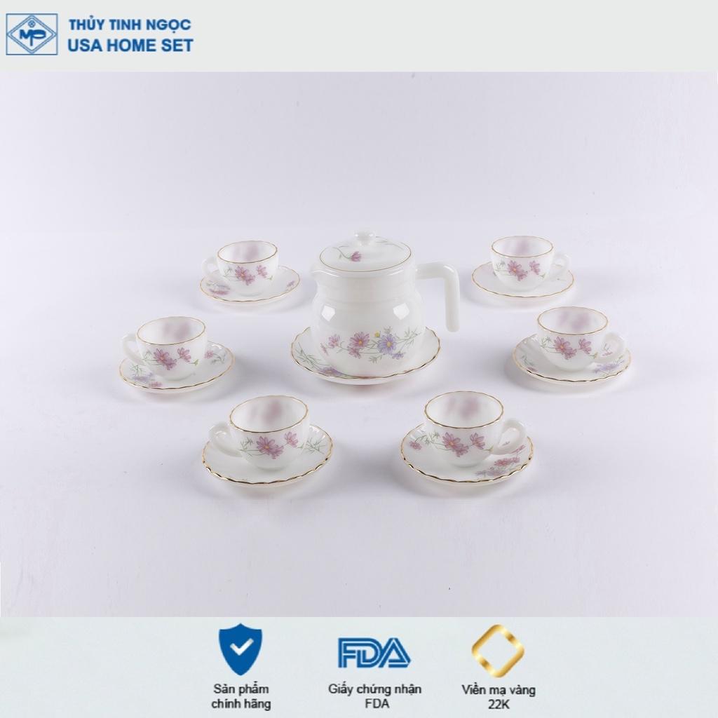 Bộ ấm tách trà thủy tinh ngọc họa tiết hoa màu hồng USA Homeset dáng xoắn