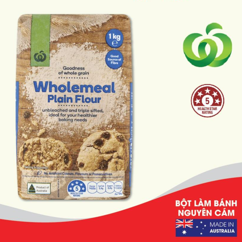 Bột làm bánh Nguyên Cám - Woolworths Wholemeal Plain Flour 1kg