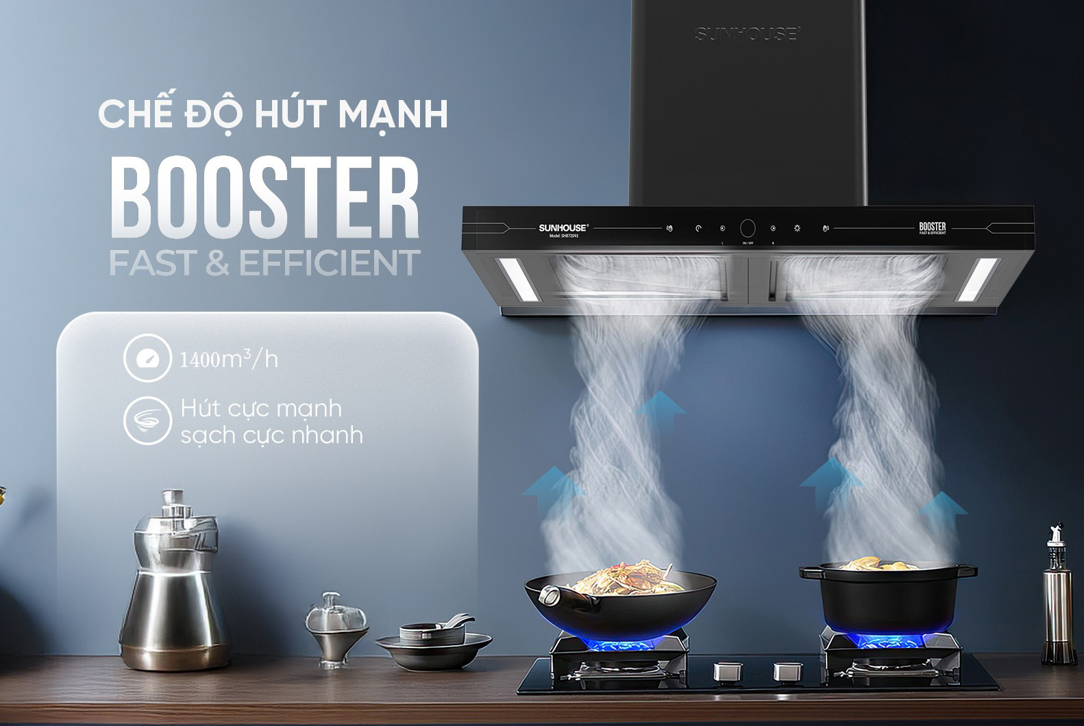 Máy hút mùi chữ T Sunhouse SHB72093, Công suất 220W, Công suất hút 1400m3/h,Công nghệ Ultra-Quiet độ ồn thấp, Điều khiển cảm biến thông minh, Chế độ Booster hút cực mạnh, Bảo hành 36 tháng tại nhà - Hàng chính hãng