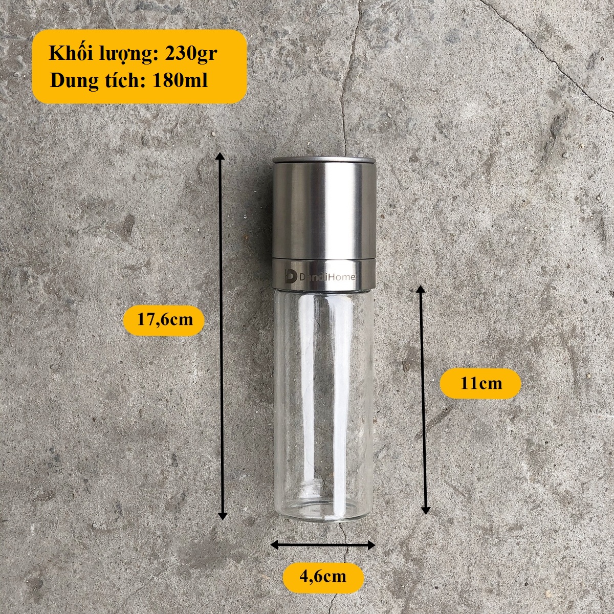 Lọ xay tiêu DandiHome inox 304, thủy tinh Borosilicat cao cấp trong suốt