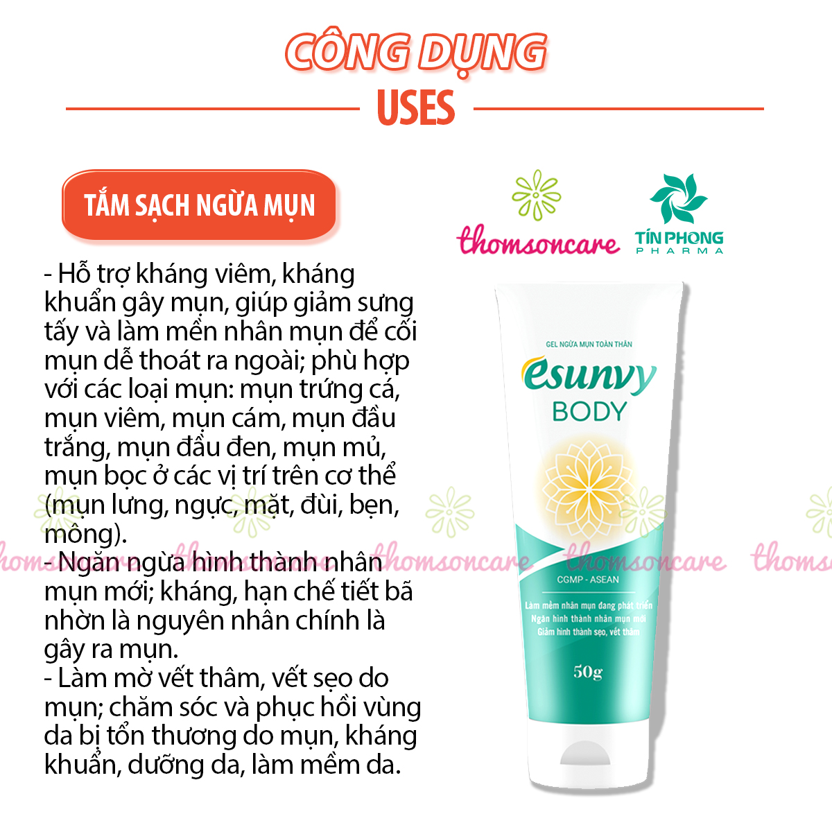 Esunvy Body - Kem ngừa mụn lưng và toàn thân từ thảo dược - Tuýp 50g, giảm mụnn đầu đen, trứng cá, mờ sẹo