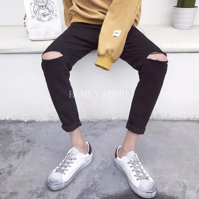 Quần jean đen rách gối