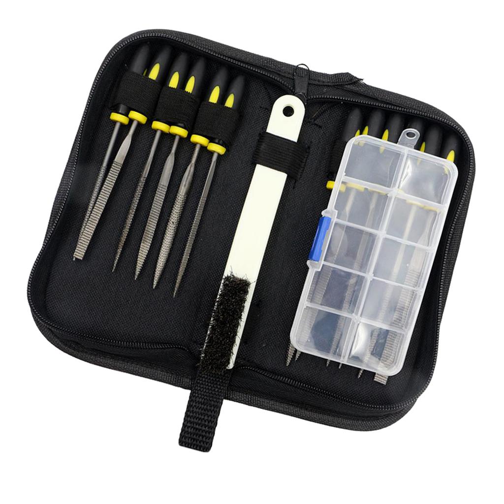 15Pcs Mini Assorted Wood Rasp Set Steel Needle Files Trimming File With Brush And Clear Parts Box In Storage Zipper Case DIY Woodworking Tools