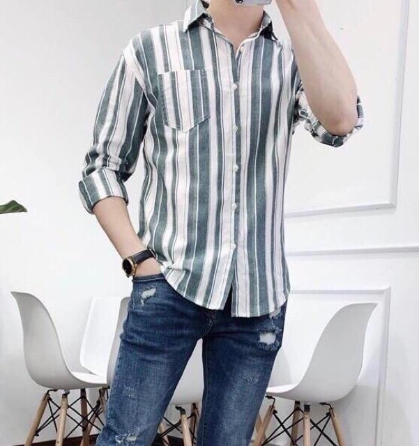 Áo sơ mi cặp sọc đứng trắng phối màu đẹp cao cấp
